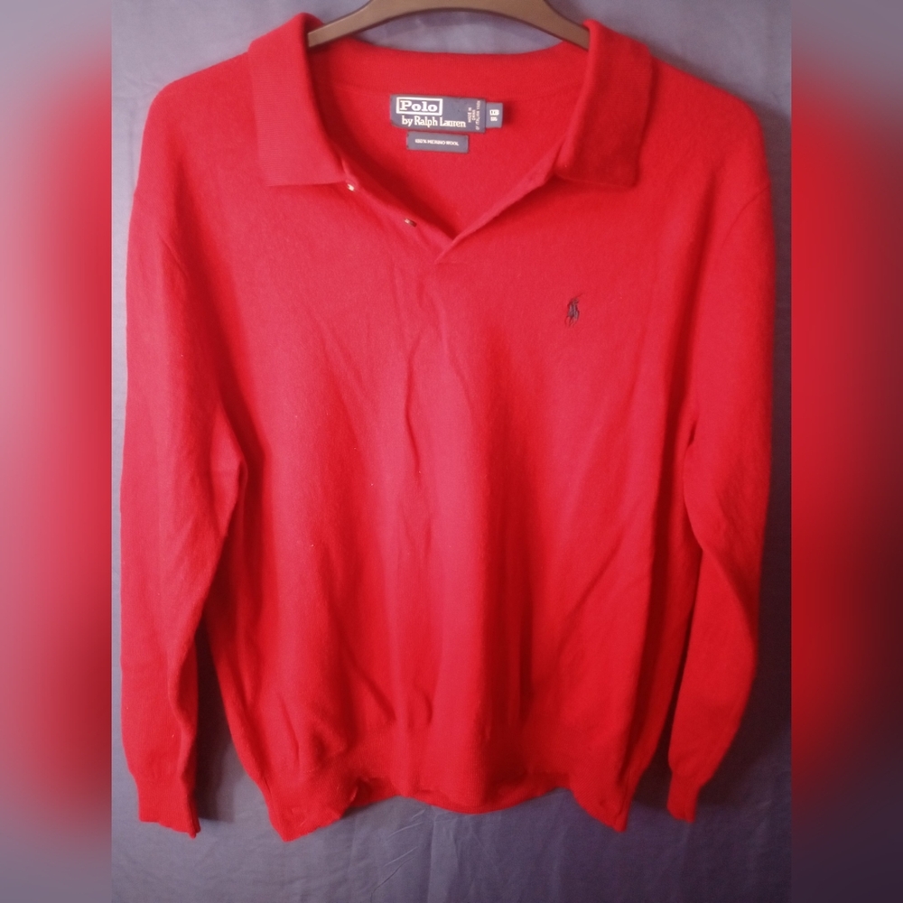 Men's Red Polo Sweater- 100% Merino Wool -‎ 1XB- Big and Tall
